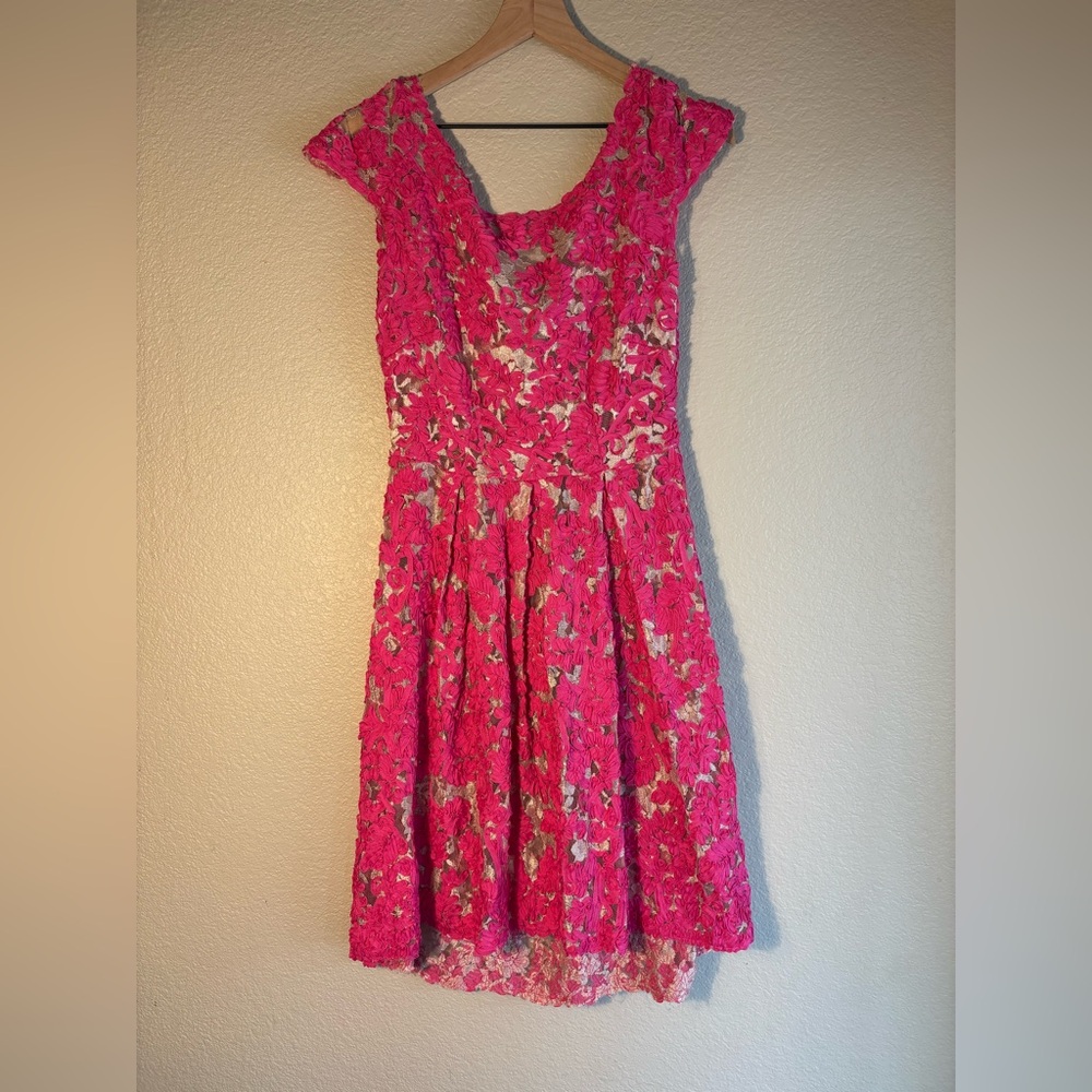 Yoana Baraschi (Anthropologie) Hot Pink and Ivory Floral Lace Dress *No Slip*
